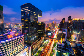 Rama IX Intersection on a rainy day with heavy traffic in Bangkok, Thailand. Sep 21, 2020.