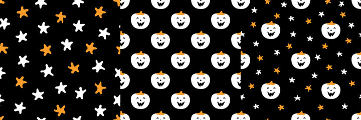 Set of seamless patterns with funny pumpkins and stars on black. Halloween vector illustration for decoration of backgrounds, leaflets, card, wallpaper, textiles, fabrics, prints, wrappers, packages.