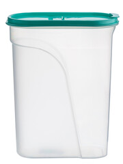 transparent plastic container with green lid