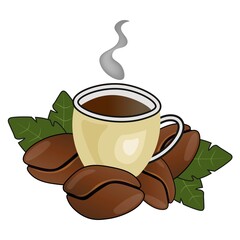 Cute cartoon cup of coffee with coffee beans and leaves.
Vector isolated design on white background.