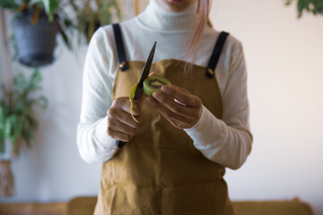 キウイフルーツを包丁で切り、調理する女性の手元