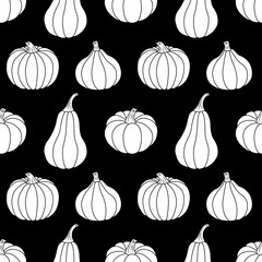 White pumpkins on a black background. Seamless vector pattern. Autumn simple illustrations for holiday decorations, postcards, banners, gift wrapping paper, prints, fabrics, and textiles.