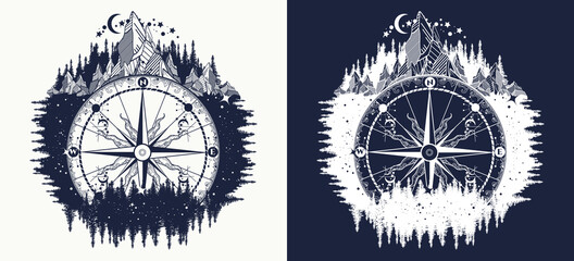 Mountain and compass tattoo art. Adventure, travel, outdoor symbol. T-shirt design. Black and white vector graphics