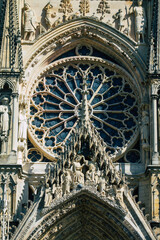 View of the exterior facade of the Notre Dame de Reims Cathedral