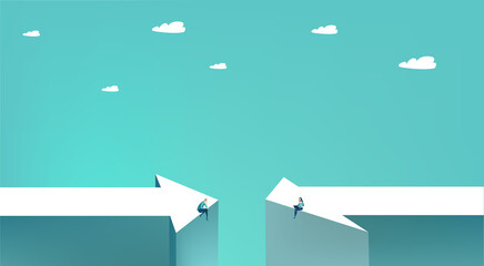 Little business people stand at two opposite arrows. Two way to success, meeting point, working together, financial growth, professional achievements. Business concept illustration