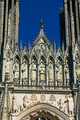 View of the exterior facade of the Notre Dame de Reims Cathedral