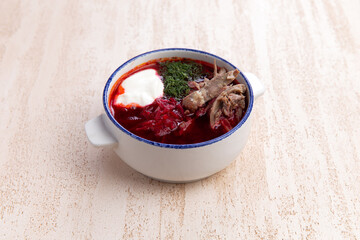 Traditional organic beetroot soup - borscht or borshch with meat
