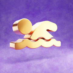 Swimmer icon. Gold glossy Swimmer symbol isolated on violet velvet background. Modern icon for website, social media, presentation, design template element. 3D render.
