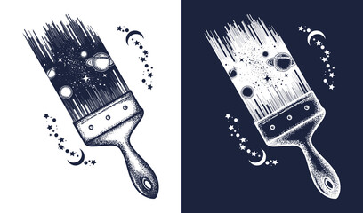 Brush draws universe tattoo and t-shirt design. Symbol of space, dream, imagination, creative idea. Black and white vector graphics © intueri