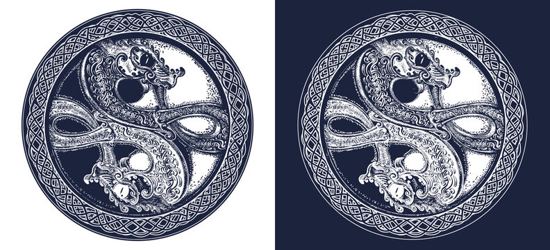 Two dragons tattoo and t-shirt design. Meditation, philosophy, harmony symbol. Black and white vector graphics
