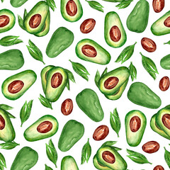 Watercolor seamless pattern of green fruit of ripe avocado, half avocado, avocado bone, whole fruit of ripe avocado. Suitable for digital printing, postcards, invitations, notebooks and textiles