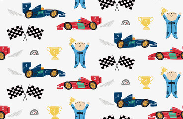 Seamless pattern with a cute bear racer, race cars, winner cup, speedometer, formula flags. Children's illustration for cover, wallpaper, kids design.