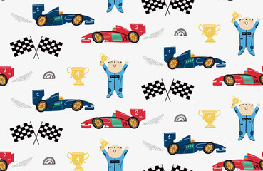 Seamless pattern with a cute bear racer, race cars, winner cup, speedometer, formula flags. Children's illustration for cover, wallpaper, kids design. © Alexandra