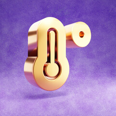 High temperature icon. Gold glossy High temperature symbol isolated on violet velvet background. Modern icon for website, social media, presentation, design template element. 3D render.