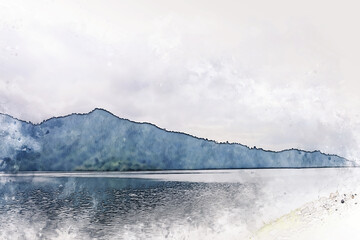Abstract colorful shape on mountain and river landscape in Thailand on watercolor illustration painting background.