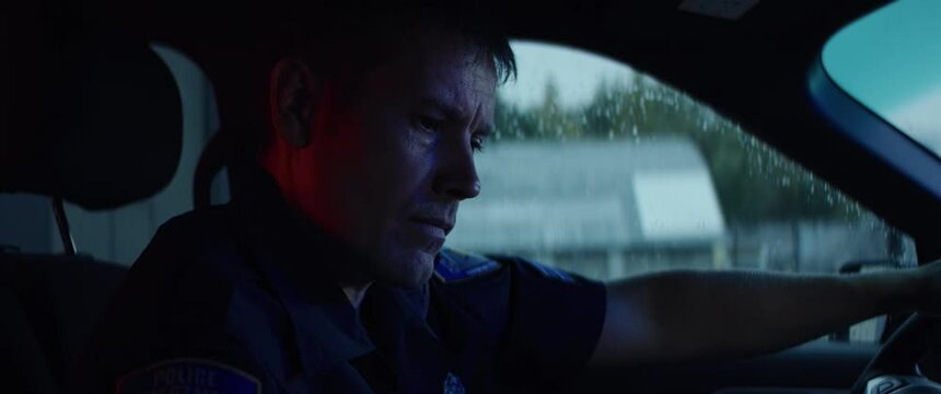 HANDHELD Portrait of police officer talking on CB radio while checking information on a laptop inside a car. Shot on RED Dragon with 2x Anamorphic lens