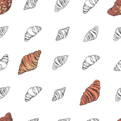 Seamless hand drawn vector pattern.Croissants illustartion background for packaging, wrapping, wallpaper
