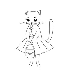 Fairytale cute cat in a dress and with a purse. Fun coloring book for kids. Black outline on a white background.