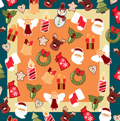 Christmas decorations with holiday cookies on the orange background