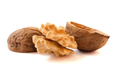 Walnut kernel with shell. Walnut isolated on white background