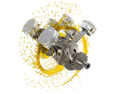 3d illustration of car engine with lubricant oil.  Car engine components with splashes of oil on white background. Engine oil concept.