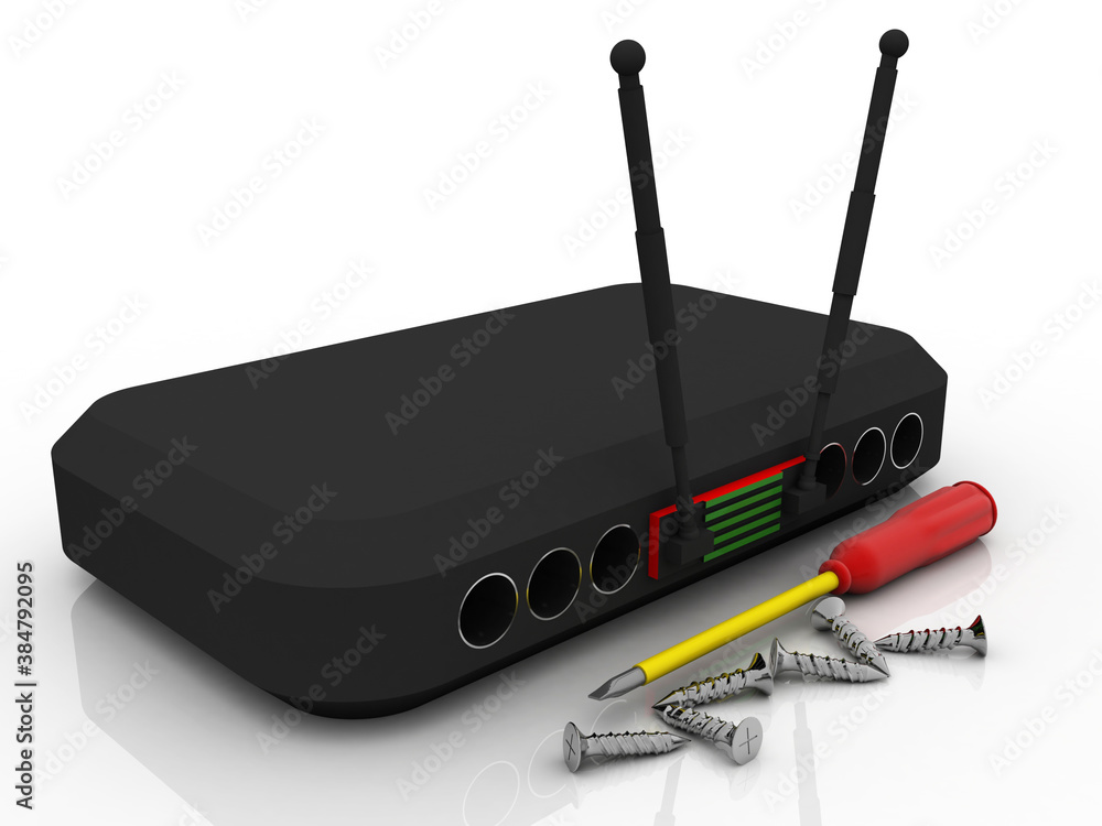 Poster 3d rendering transmitter wifi with screwdriver and screw