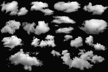 Group set of clouds white for design on a isolated elements black background.