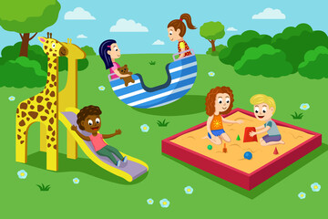 Kids, boys and girls play on the playground. Children play in the park. Cartoon flat vector illustration.