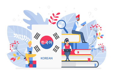 Fototapeta na wymiar People learning Korean language vector illustration. Korea Distance education, online learning courses concept. Students reading books cartoon characters. Teaching foreign languages