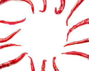 Dried chili peppers isolated on white background top and bottom arrangement. Flat layout