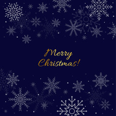 Merry Christmas gold letters on a blue background, around beautiful snowflakes. Vector illustration for the new year, for the winter holidays. Christmas card