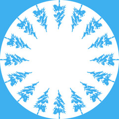 Blue silhouettes of Christmas tree. Square frame. Vector Illustration on a white background.