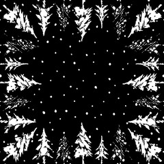 Night sky and snowfall. Silhouettes of Christmas tree. Square frame. Black and white vector Illustration.