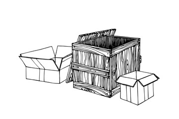 set of packing boxes, home relocation service, tare, protection during transportation of fragile goods, vector illustration with black ink lines isolated on a white background in a hand drawn style