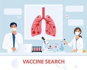 Vaccine search concept. Scientists are researching a new virus, looking for antivirus and drugs in the laboratory. Vector illustration in flat style