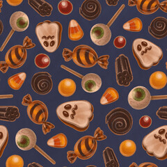 Seamless texture theme of halloween, includes elements of ghost cookie, candy corn, sweets, candy eye and licorice candies. Autumn wallpaper illustration.