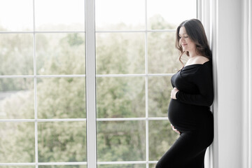 Fototapeta premium beautiful young pregnant woman in dark black dress stands near the window