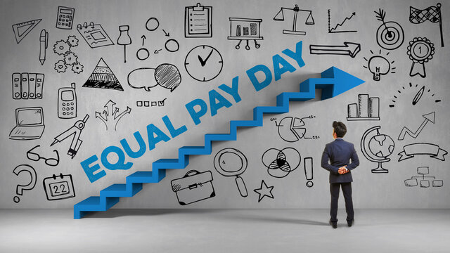 Equal Pay Day Concept with Staircase and Icons