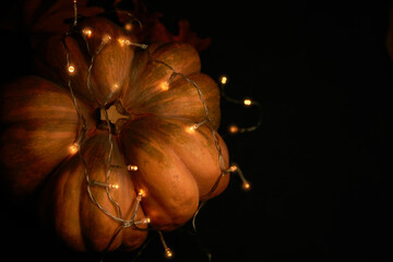Halloween pumpkin with dry leaves