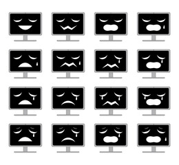 怖い表情の顔つきの黒い画面のパソコンの素材セット