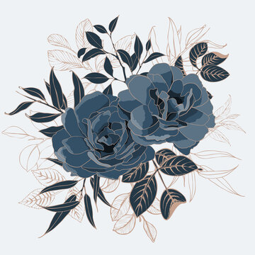 Hand Drawn Blue Flowers, Bouquet, Floral Illustration On White Background