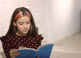 portrait of a young beautiful girl reading a book