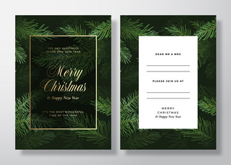 Merry Christmas Abstract Vector Greeting Card, Poster or Background. Back and Front Invitation Design Layout with Classy Typography. Sketch Pine Branches, Strobile. Golden Gradient Invitation
