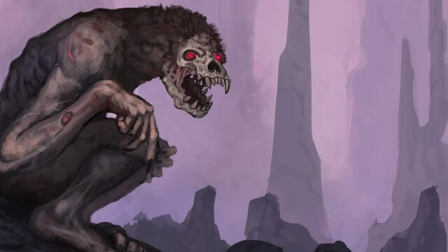 Animated digital painting of a creepy demon creature in an underground cave with glowing red eyes - digital fantasy illustration