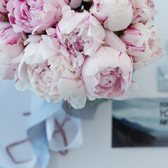 Bouquet with pink peonies of the Sarah Bernhardt variety