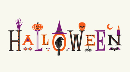 Fototapeta na wymiar Halloween cute lettering and symbols illustration