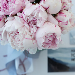 Bouquet with pink peonies of the Sarah Bernhardt variety