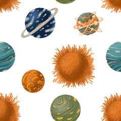 Space raster seamless pattern. Illustration with planets and sun  can be used for wallpapers, pattern fills, web page backgrounds,surface textures. 