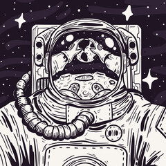 Raster black and white illustration of a man in space. The astronaut holds the planet in his hands 