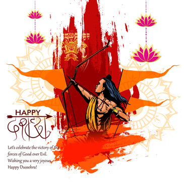 Greeting card of happy dusshera with bow and illustration of Lord Rama killing Ravana in Navratri festival of India(Hindu holiday Vijayadashami). Vector illustration.